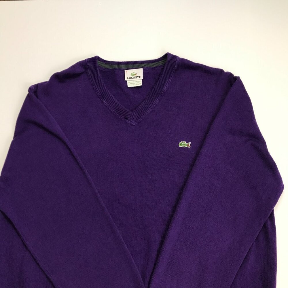 LACOSTE Men 6 - XL Cotton PURPLE V-Neck Logo Sweater